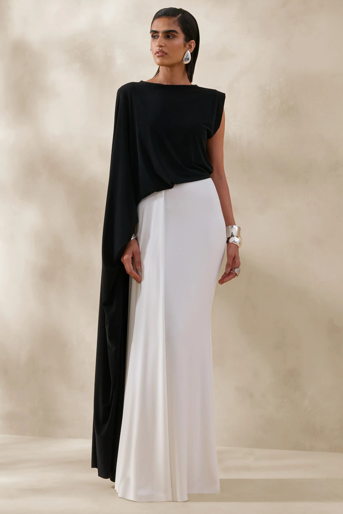 Carenza Black White Wide Neck Maxi Dress With Cape Sleeve
