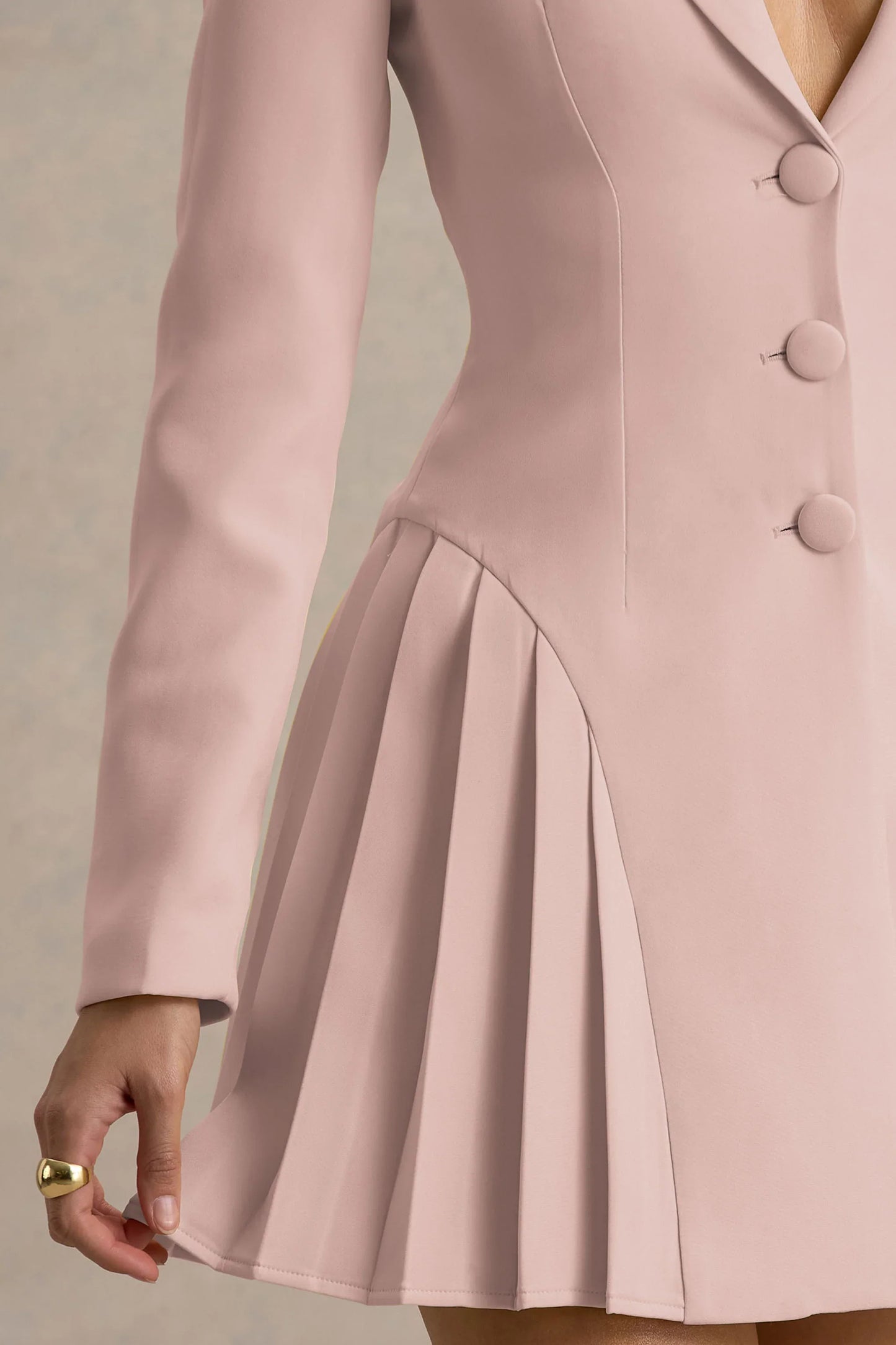 Blossoming Baby Pink Plunge Neck Tailored Mini Dress With Pleating
