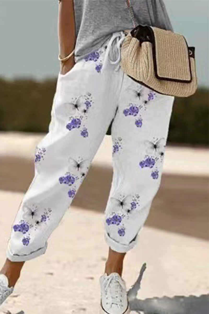 Casual Geometric Print Patchwork Loose Mid Waist Pencil Full Print Bottoms(4 Colors)