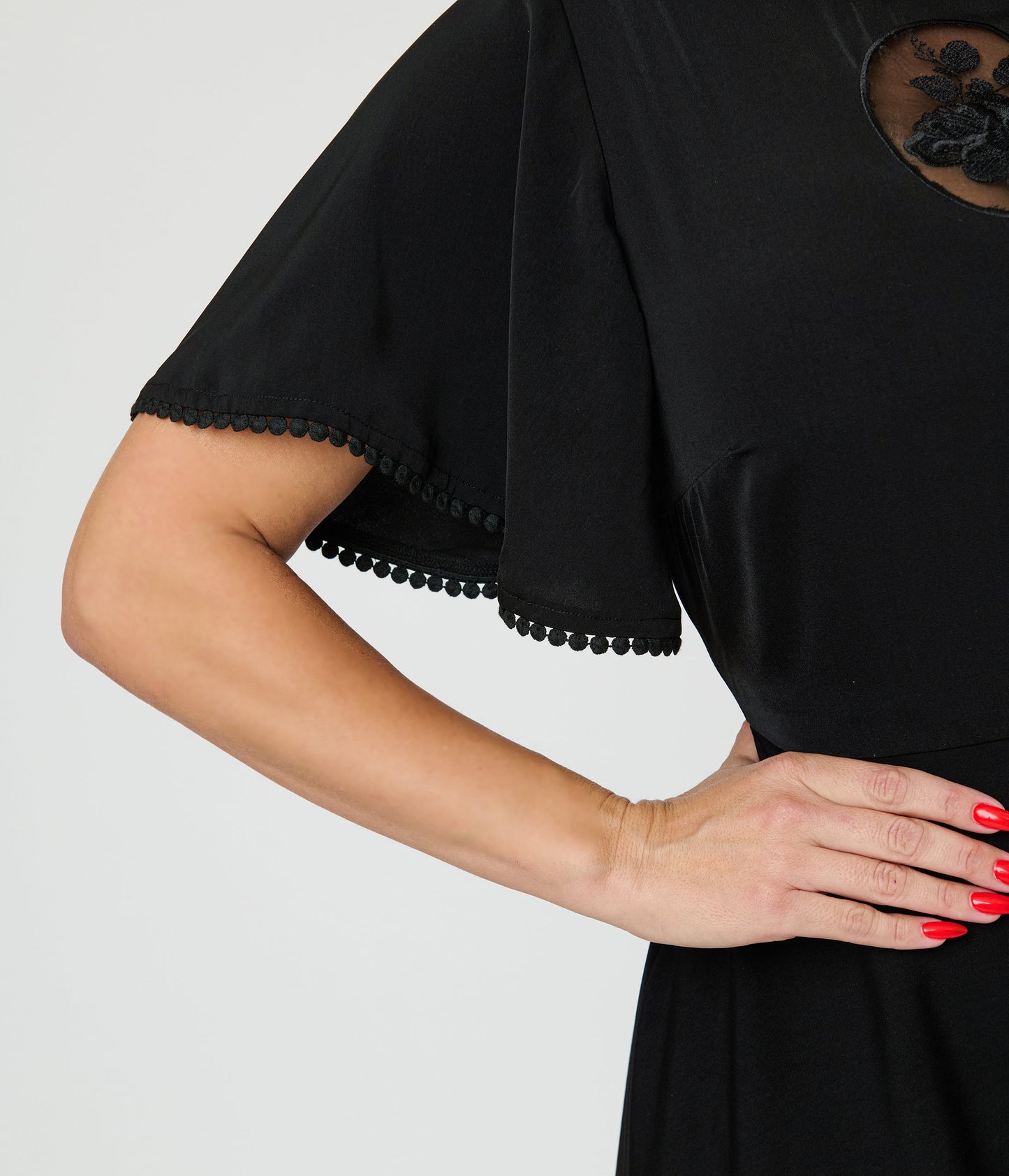 Unique Vintage Black Floral Mesh Cutout Swing Dress