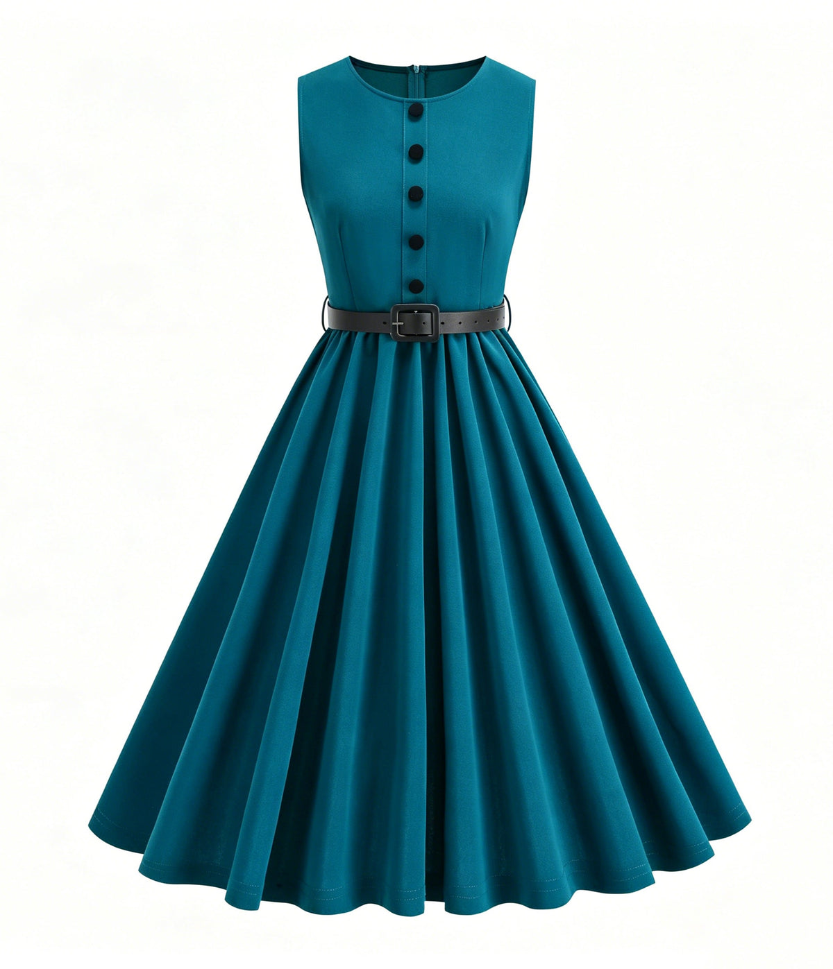 Teal Sleeveless Belted Swing Dress