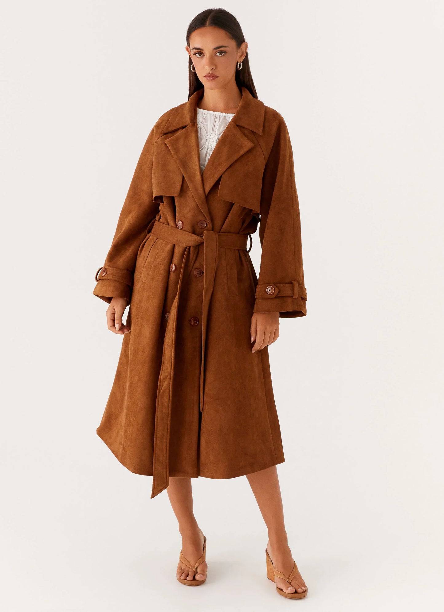 Bridie Faux Suede Trench Coat Brown
