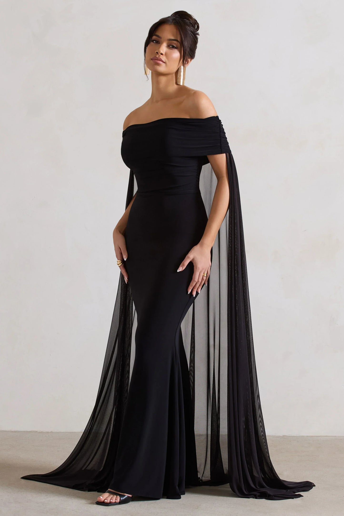 Carlotta Black Bardot Maxi Dress With Chiffon Cape