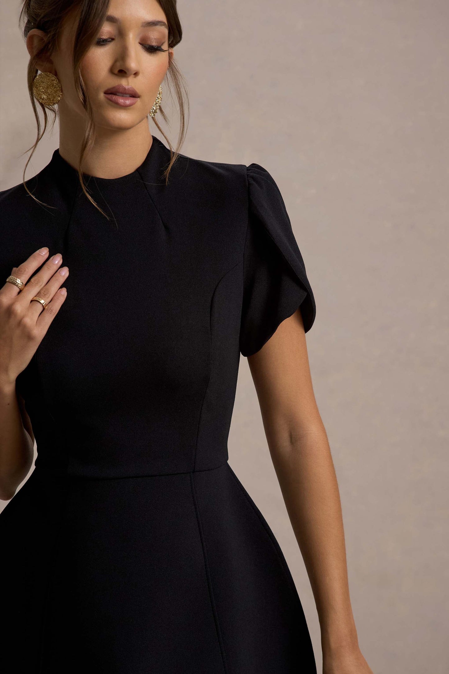 Carabella Black High Neck Short Sleeve Mini Dress