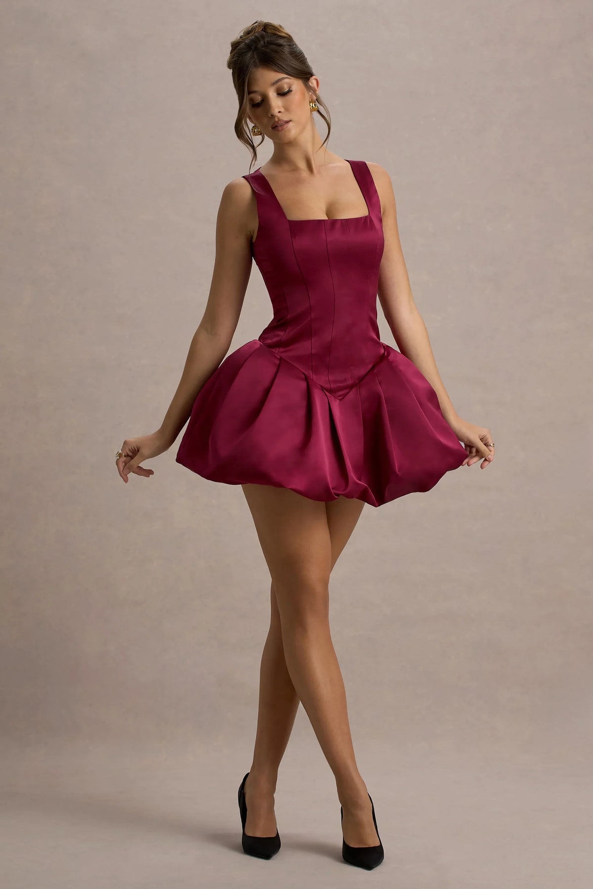 Bramble Port Satin Square Neck Puffball Mini Dress