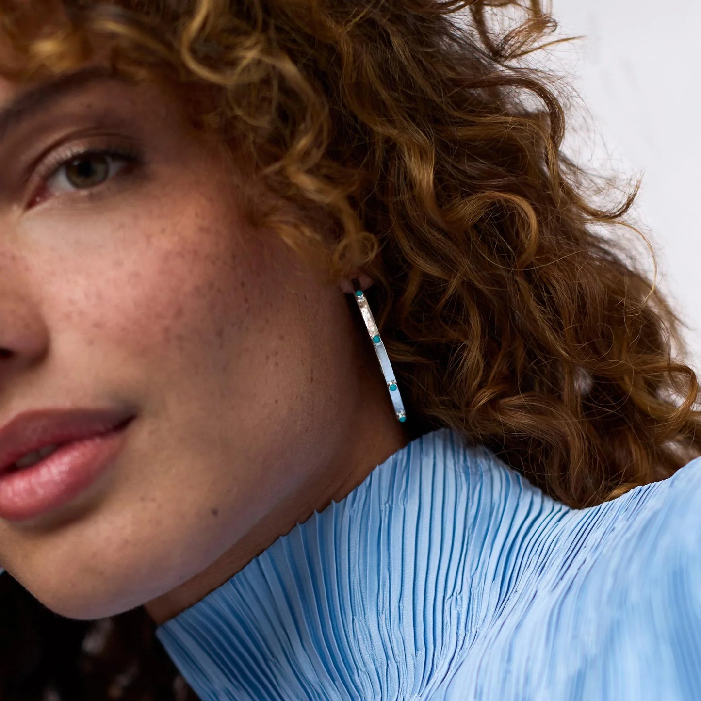 Crescent Stone Hoop -Silver Turquoise Blue