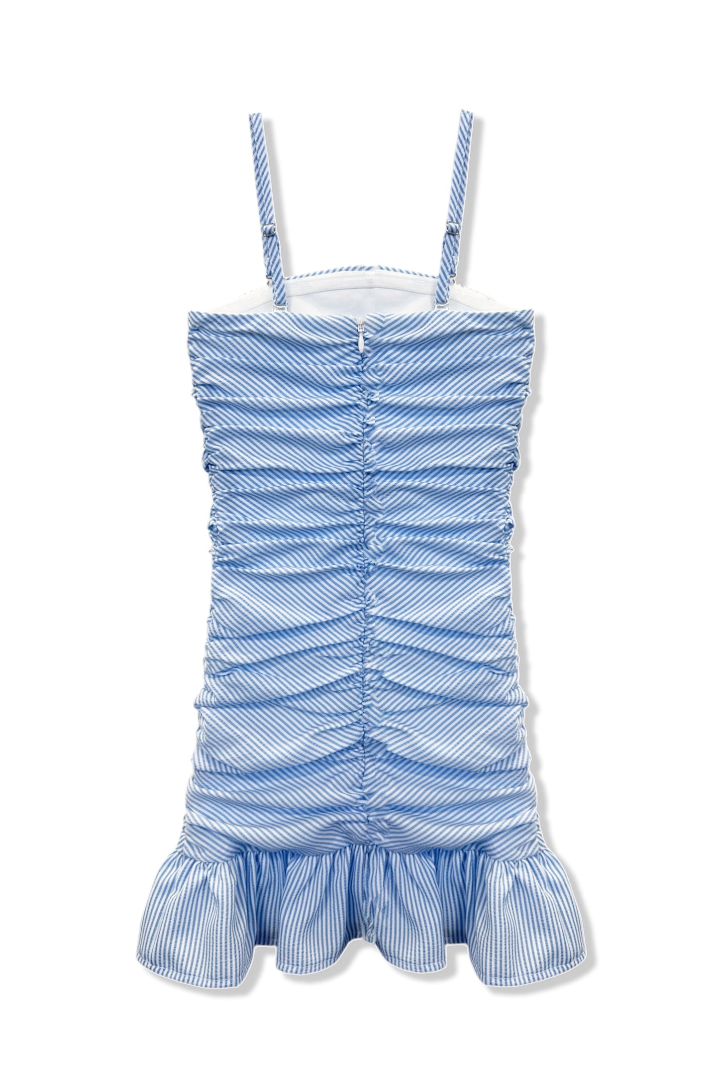 TWEEN INDIGO STRIPED STRAPLESS RUCHED RUFFLE DRESS