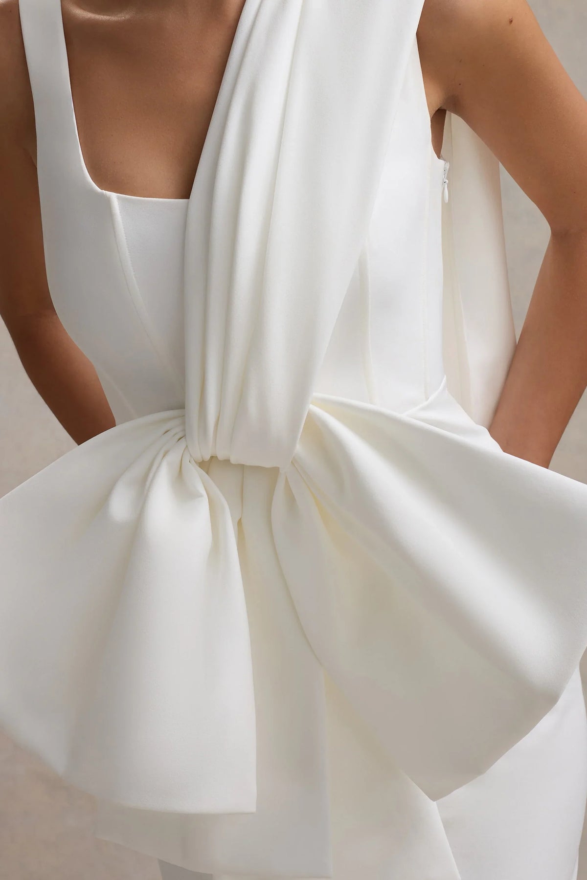 Brulee Cream Scoop Neck Sash Mini Dress With Bow