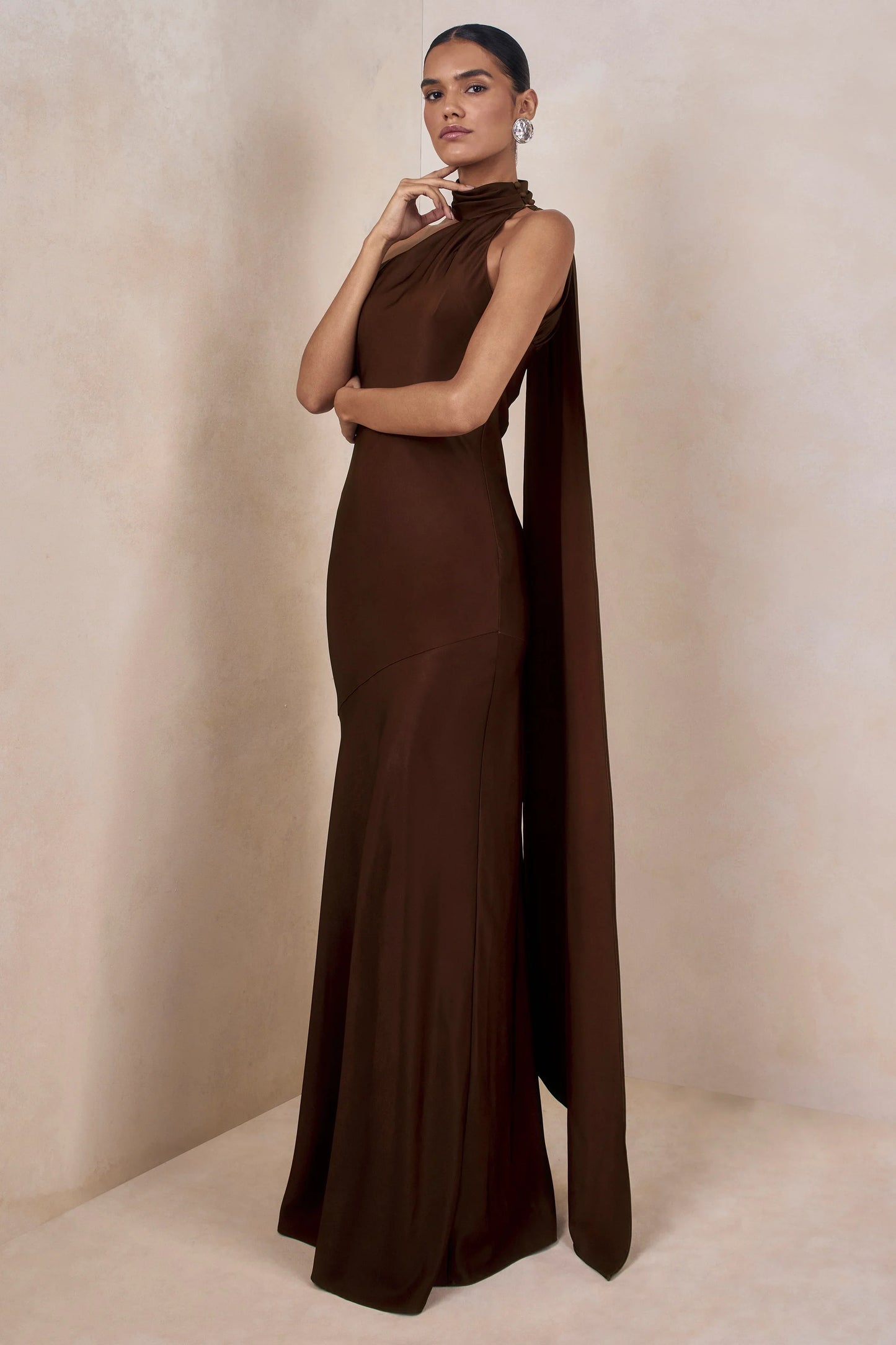 Cara Brown Matte Satin High Neck Maxi Dress