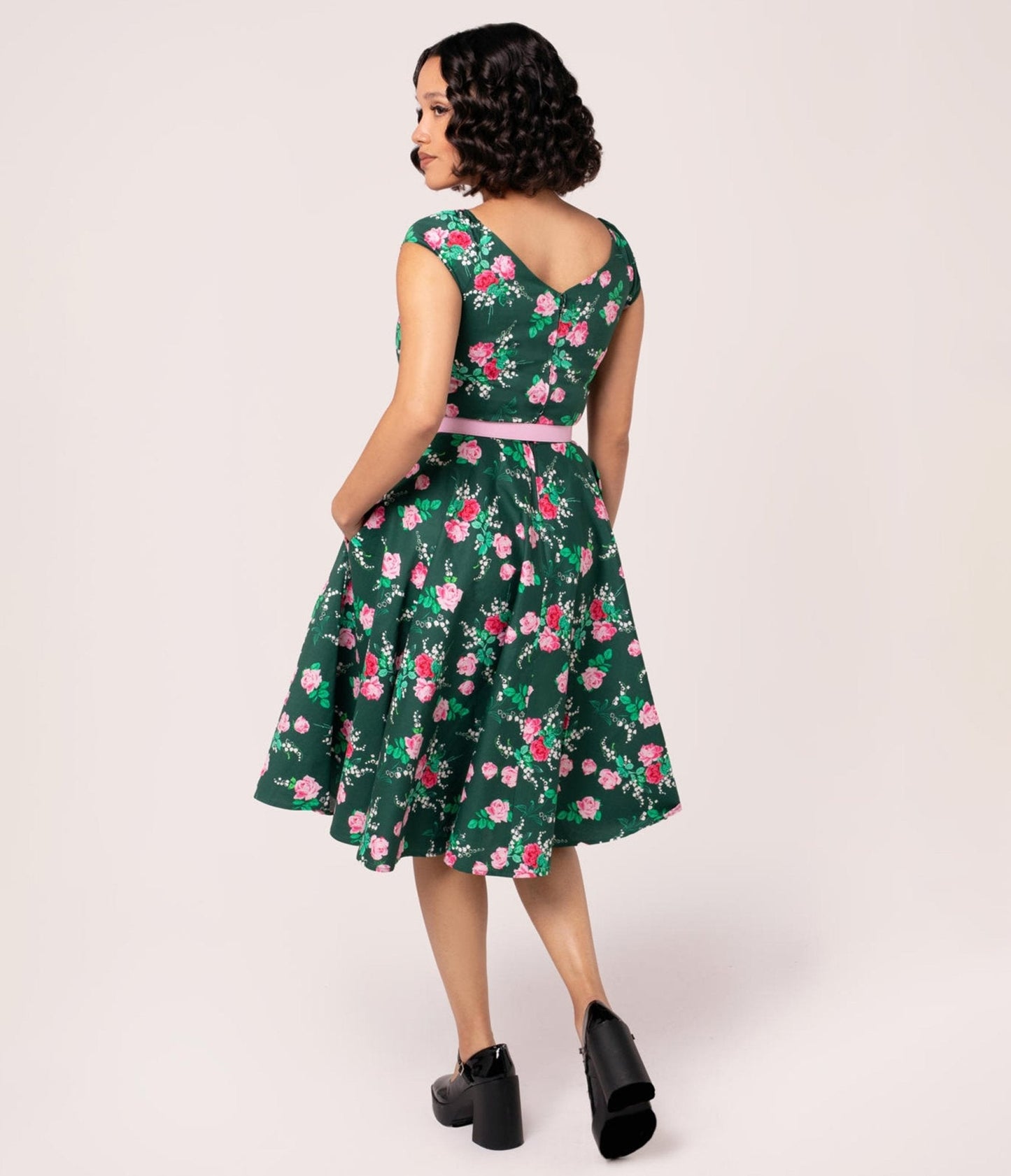 Hell Bunny Emerald & Pink Floral Swing Dress