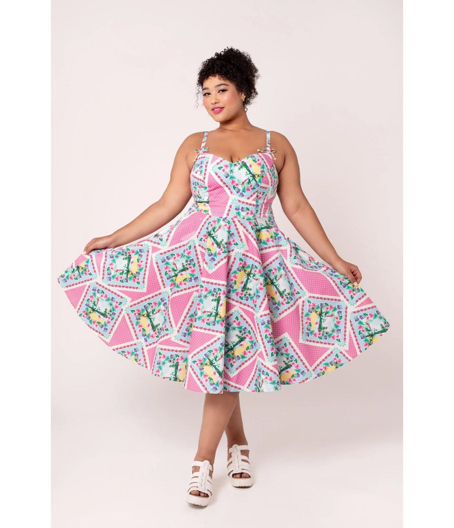 Hell Bunny Plus Size Pink Floral Patchwork Swing Dress