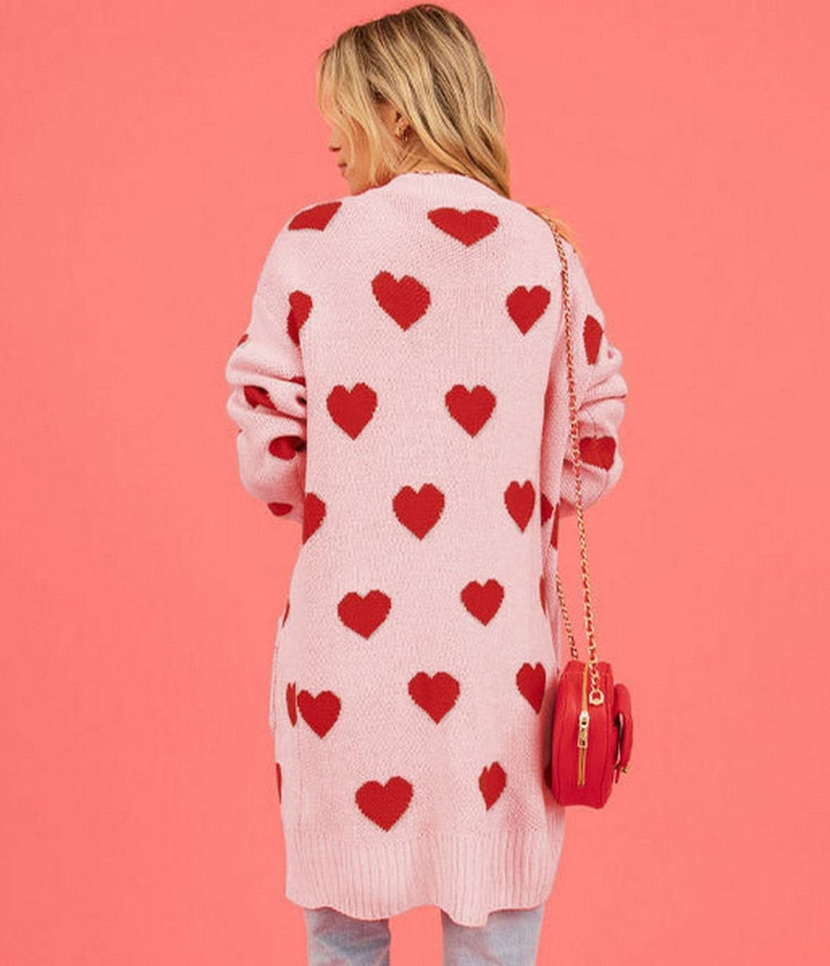 Light Pink & Red Heart Long Cardigan