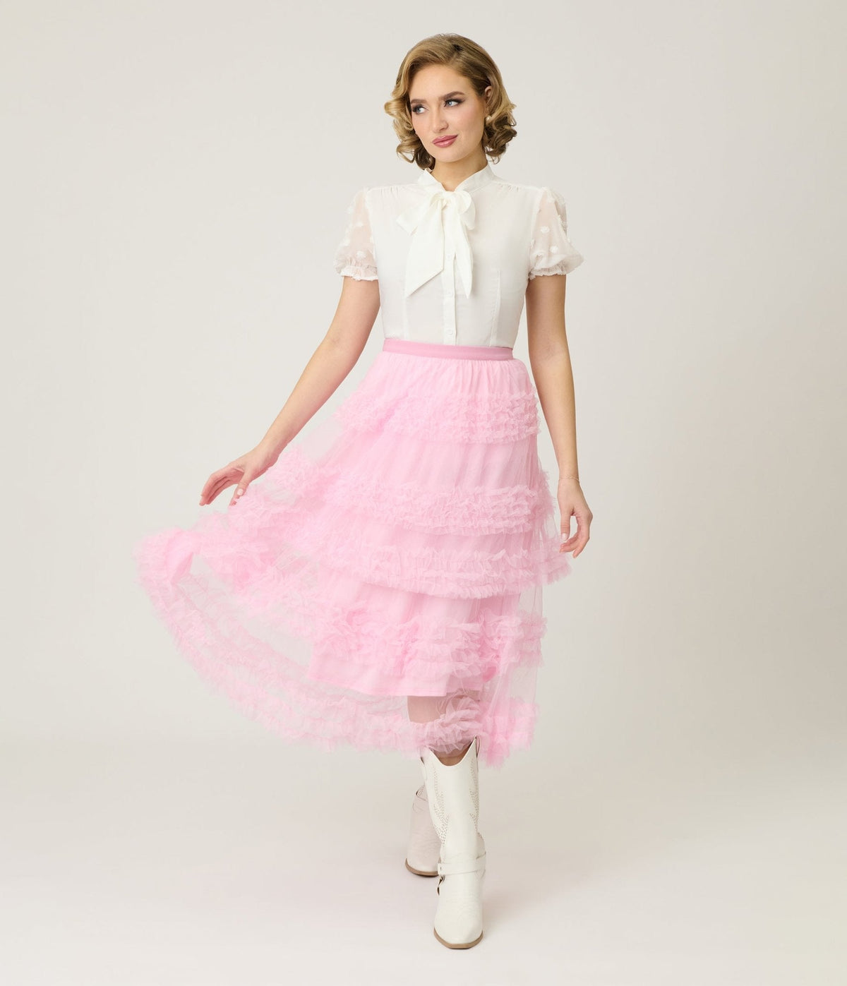 Pink Mesh Ruffled Tier Midi Skirt