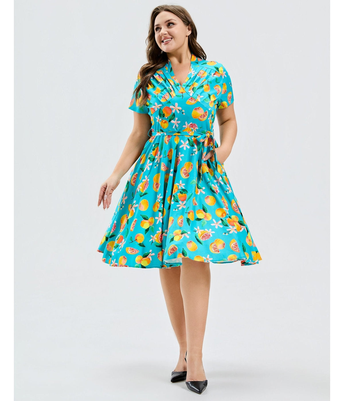 Plus Size Turquoise Grapefruit Groove Rose Swing Dress