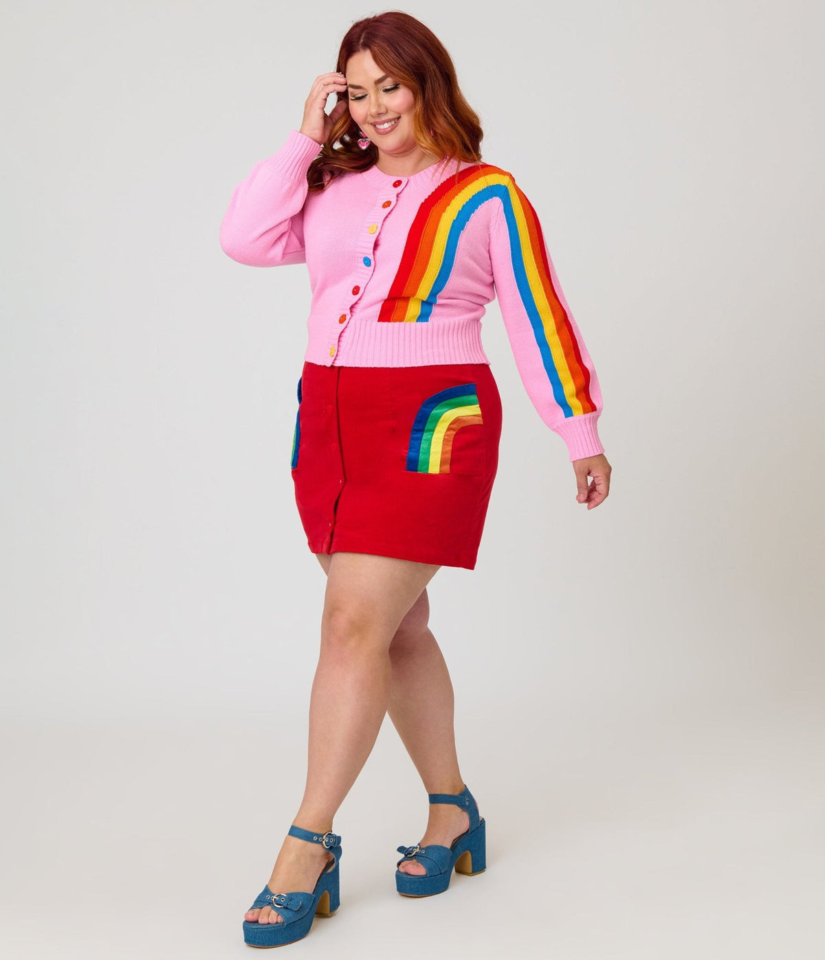 Smak Parlour Plus Size Red Corduroy & Rainbow Pockets Mini Skirt