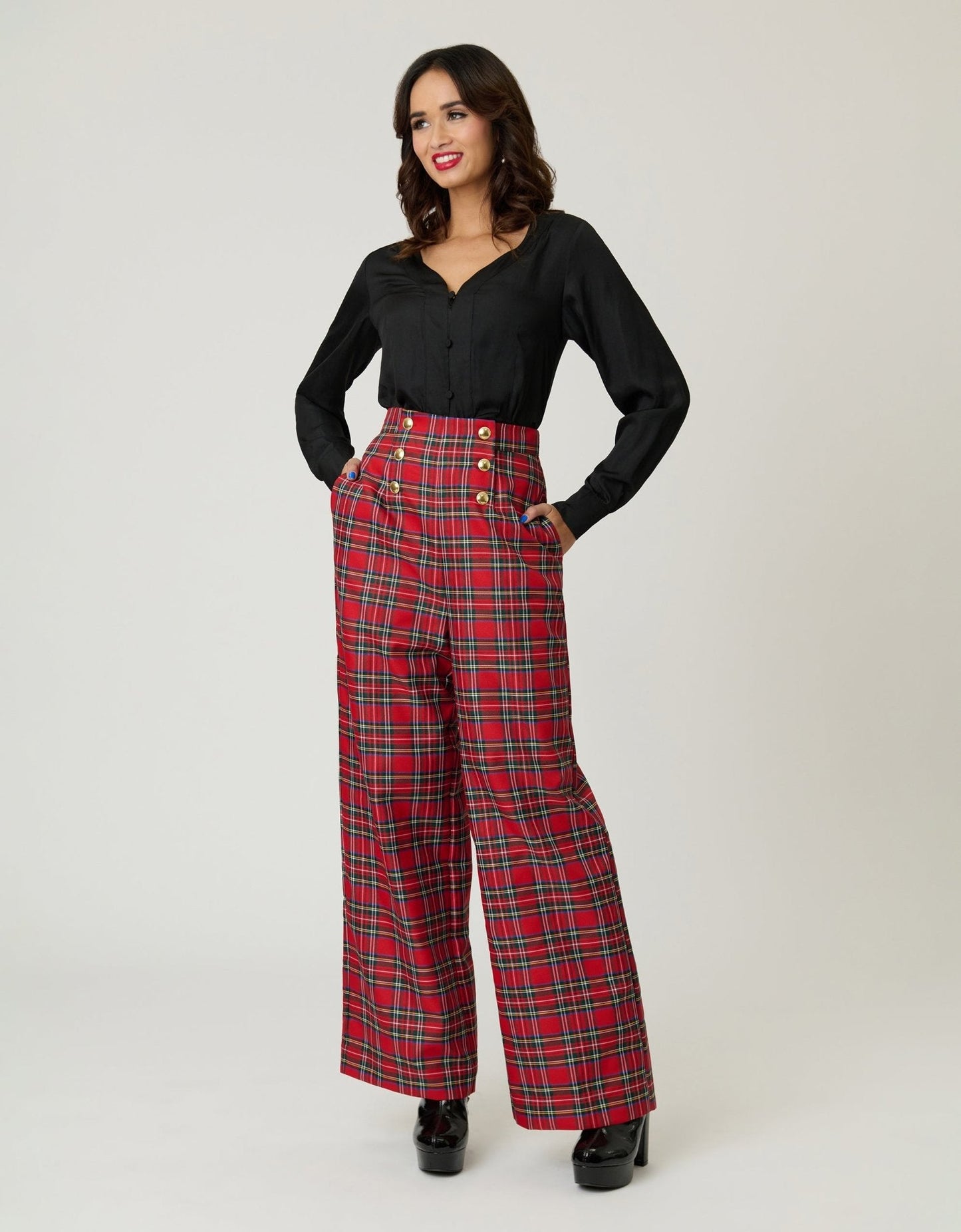 Smak Parlour Red Plaid Wide Leg Sailor Pants