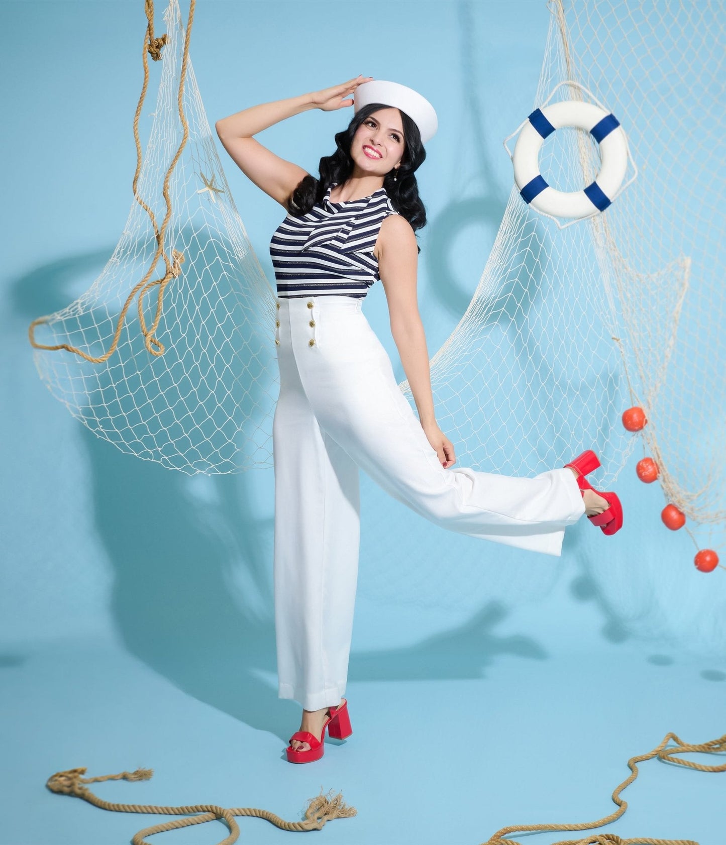 Smak Parlour White & Gold Button Wide Leg Sailor Pants