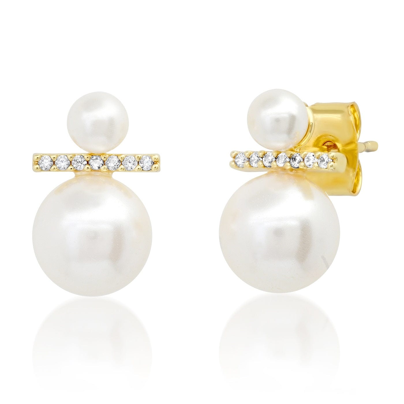 Double Swarovski Pearl and CZ Modern Stud