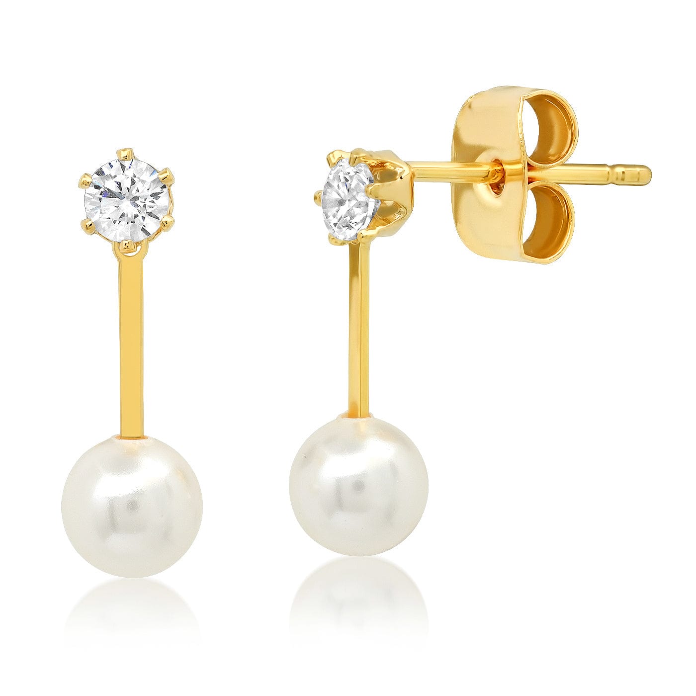 Gold Stick Stud With Cz Solitaire And Pearl Accents