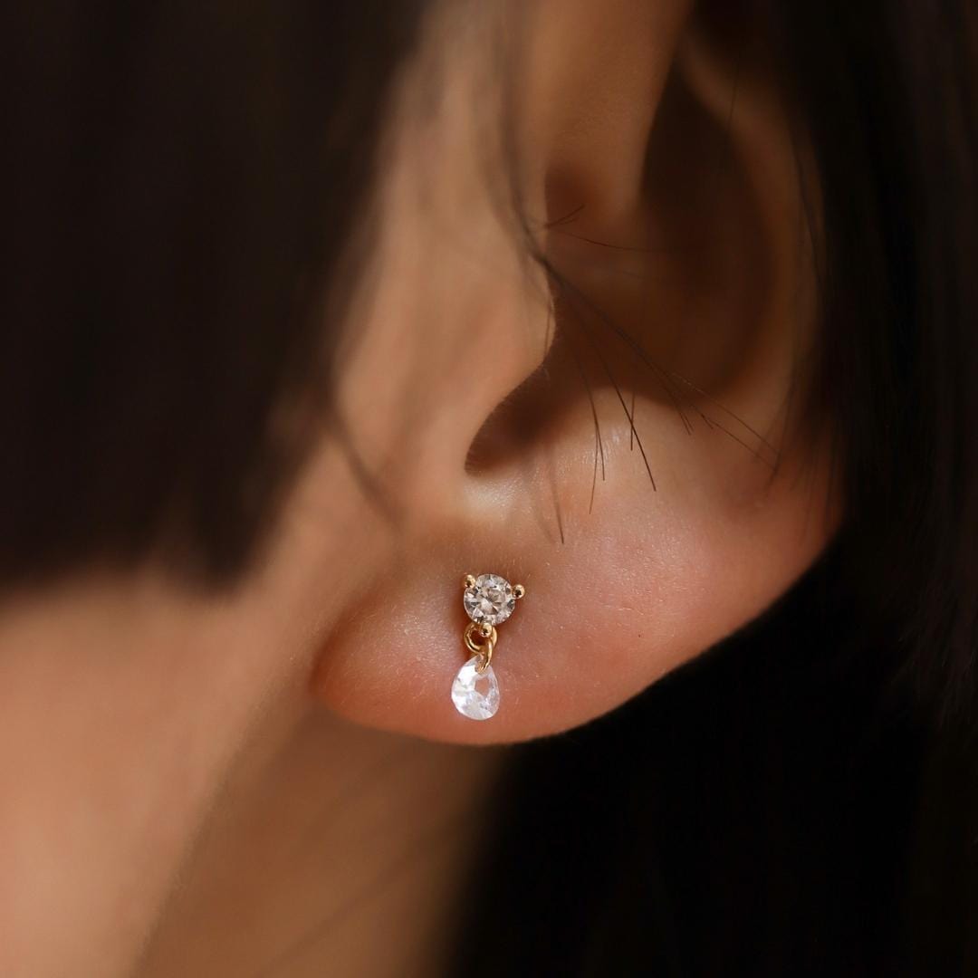 Round CZ Stud with Floating Pear CZ Drop