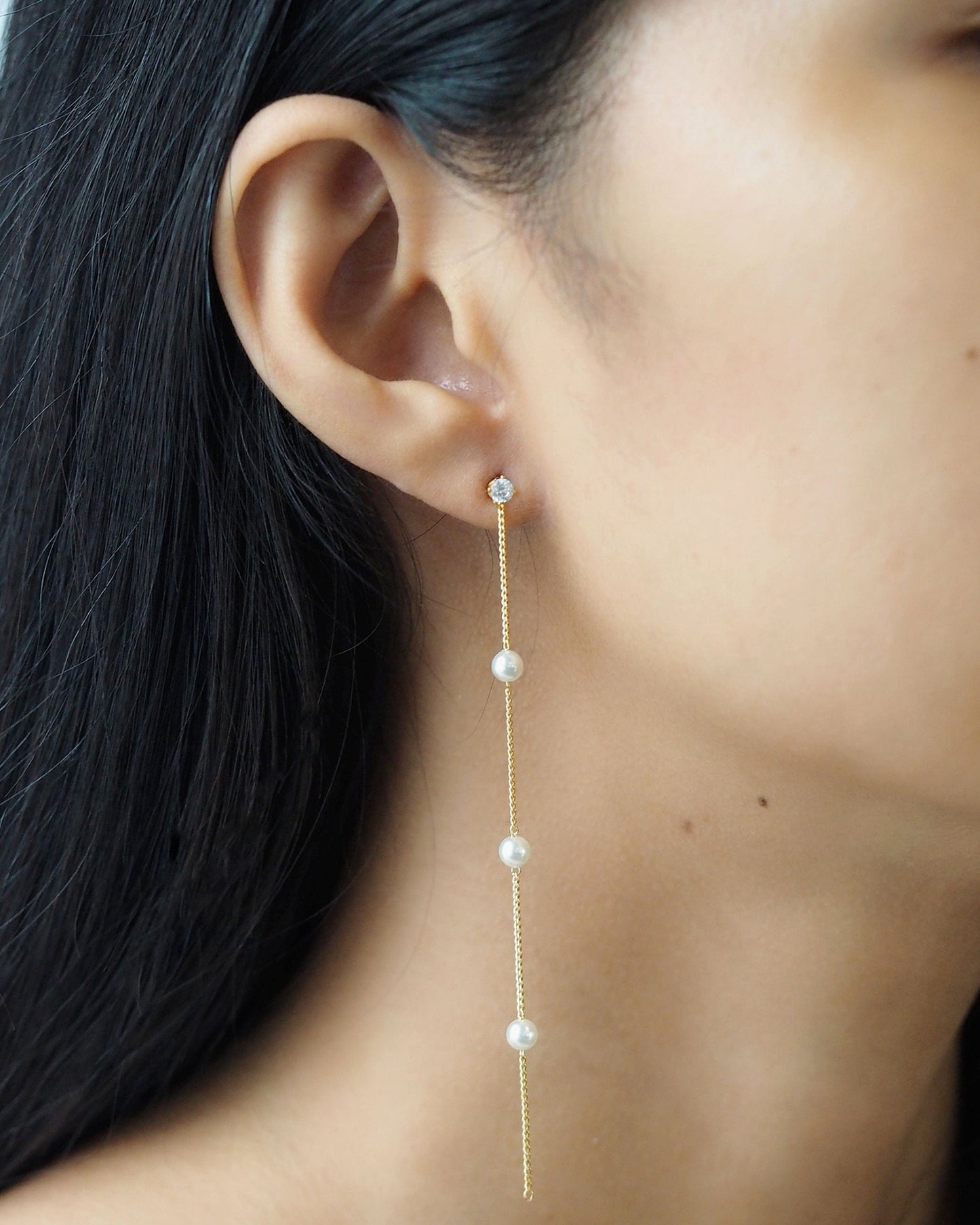 Sterling Silver Linear Dangle Earring With Fresh Water Pearl Stations