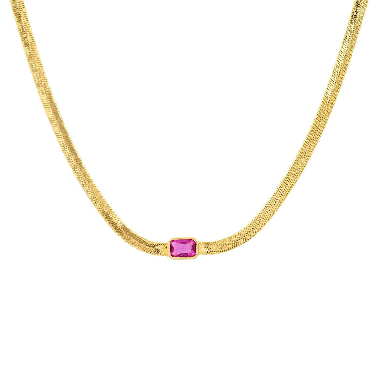 Gold Herringbone Necklace with Jewel Center