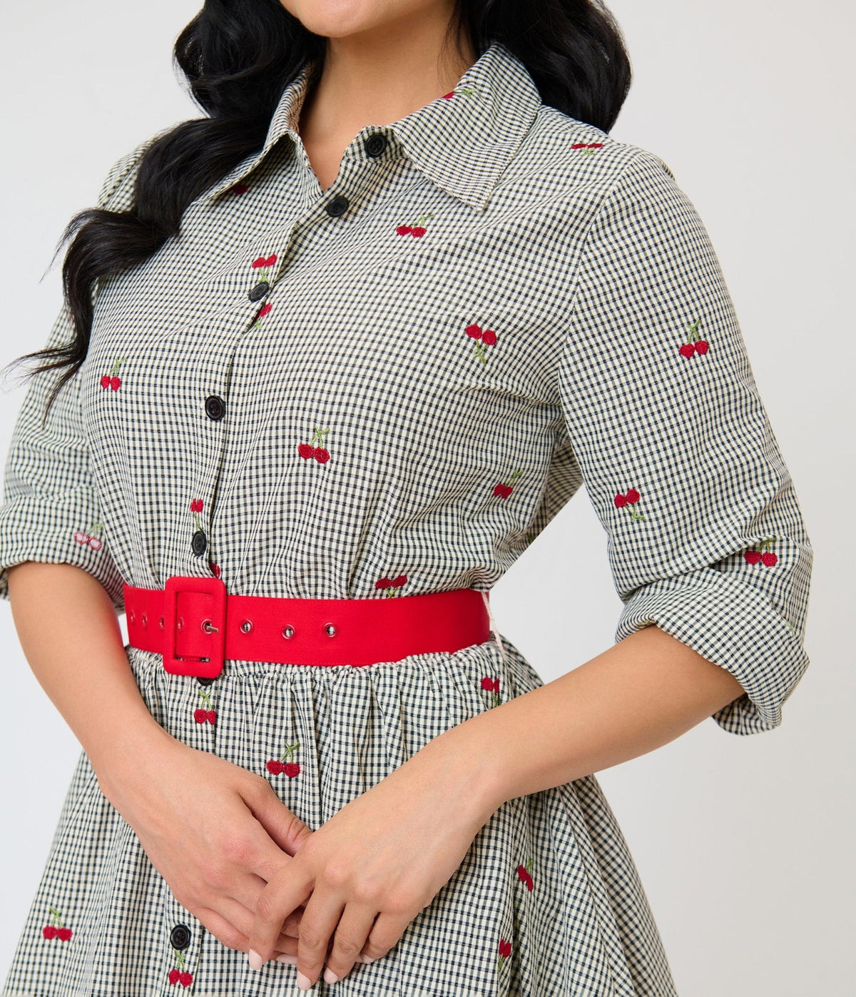 Unique Vintage Black Gingham & Cherries Belted Shirt Dress