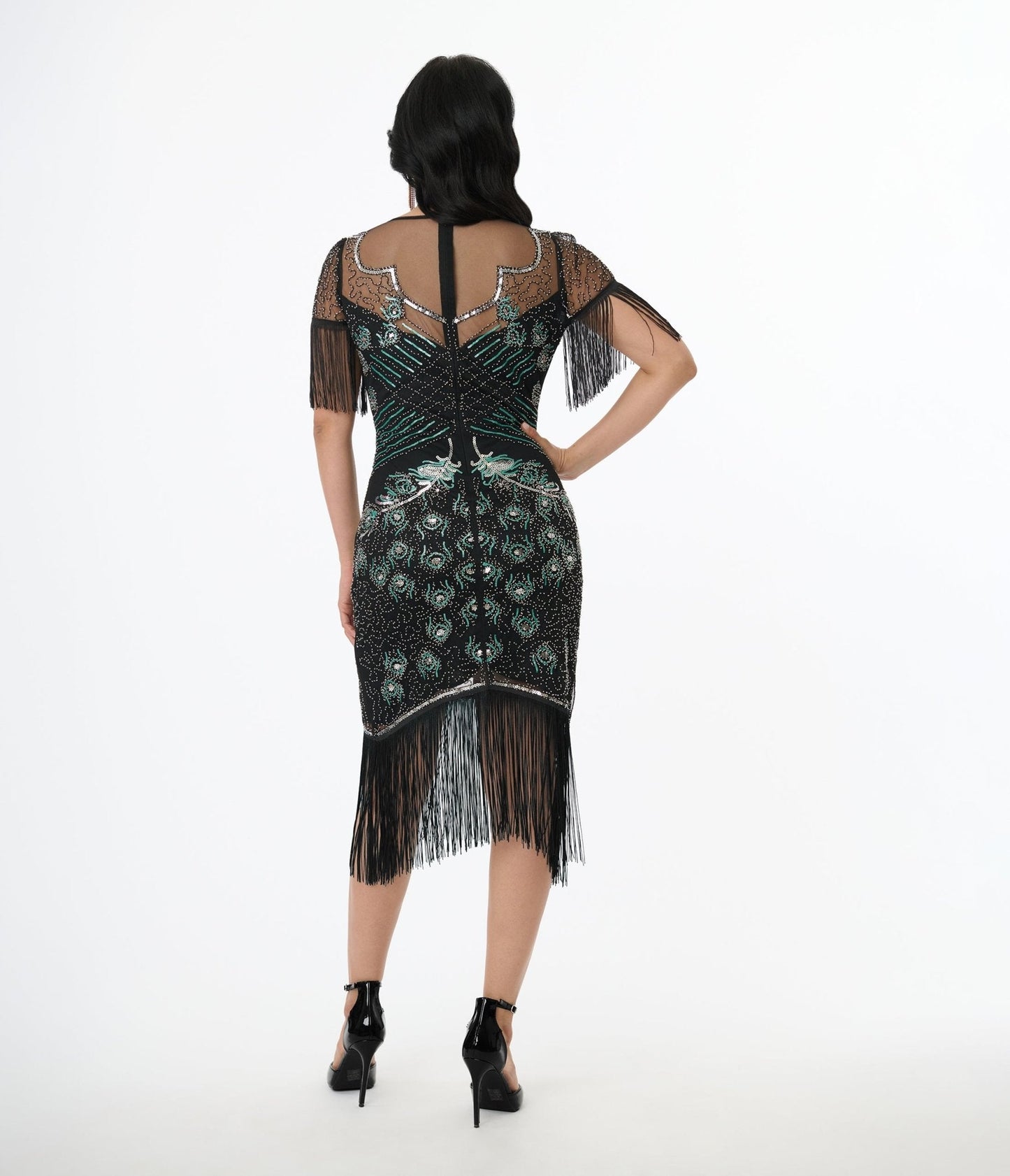 Unique Vintage Black & Teal Peacock Beaded Nadine Fringe Flapper Dress