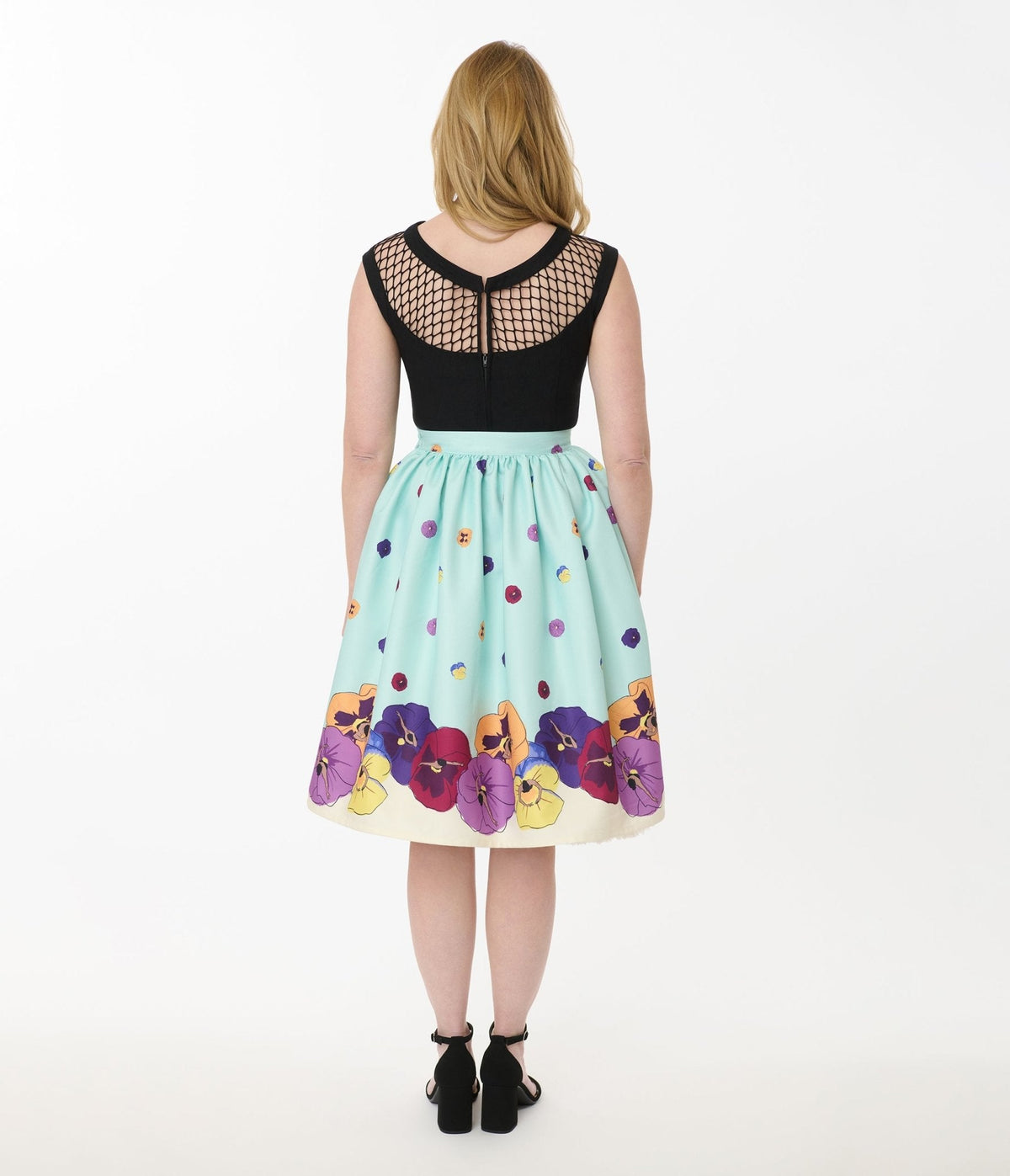 Unique Vintage Blue Dancing Pansies Gellar Swing Skirt