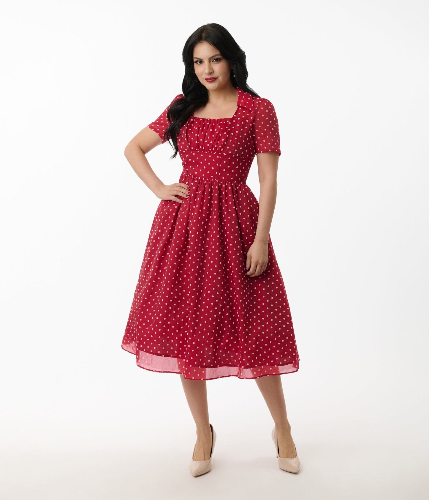 Unique Vintage Burgundy & White Swiss Dot Libby Swing Dress