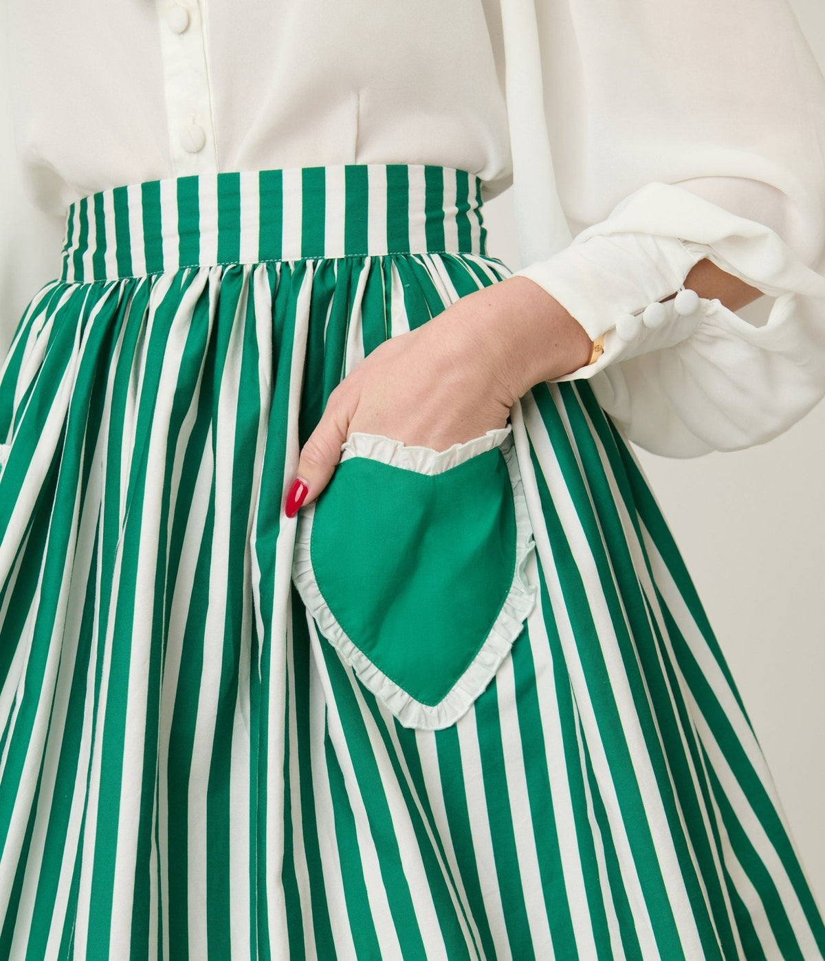 Unique Vintage Green & White Stripe Heart Pocket Swing Skirt