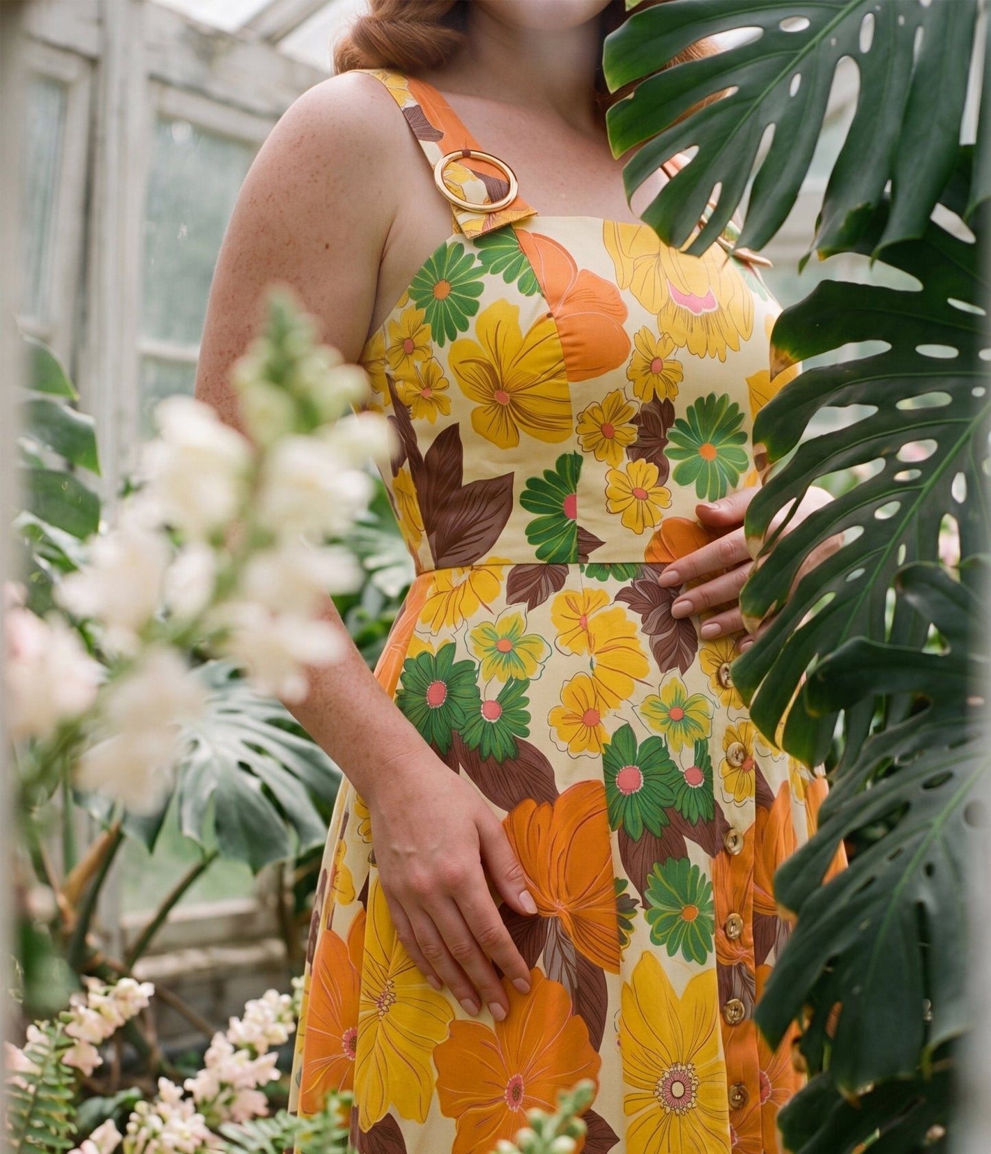 Unique Vintage Orange Floral Picnic Perfect Midi Dress