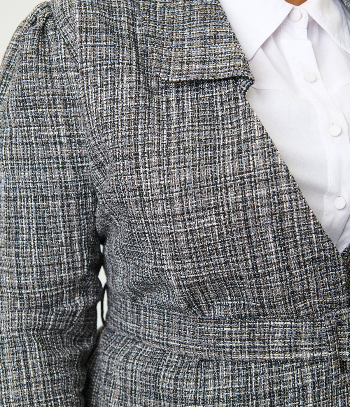 Unique Vintage Plus Size Grey Tweed Belted Shawl Collar Jacket