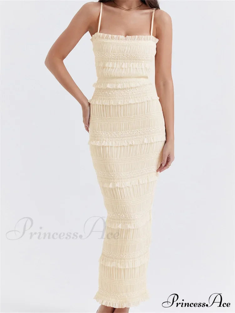Y2K Ruched Sleeveless Strap Sling for Women Ruffles Square Neck Low Cut Back Split Female Vestidos