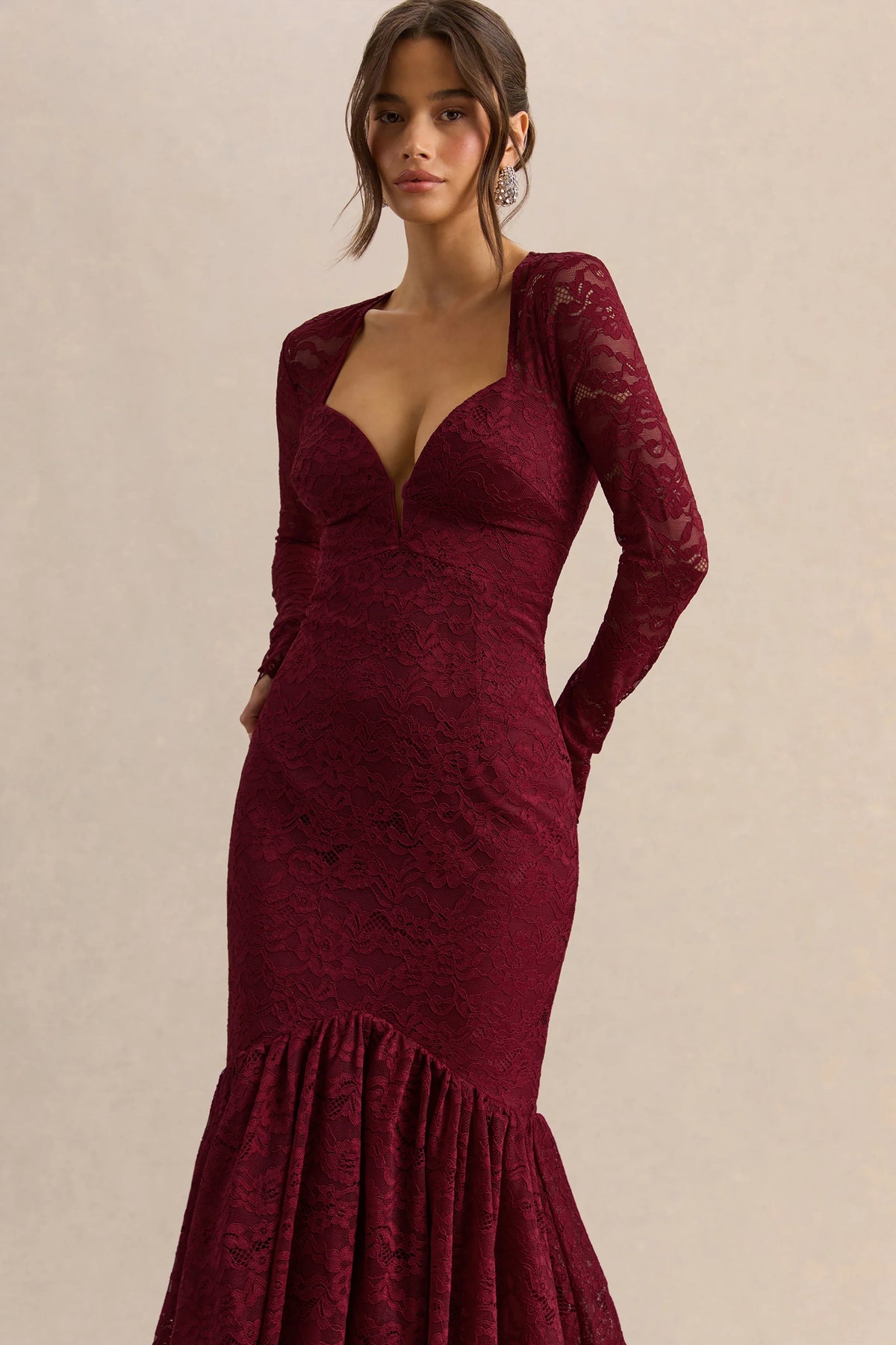 Camilly Burgundy Lace Plunge Neck Mermaid Midi Dress