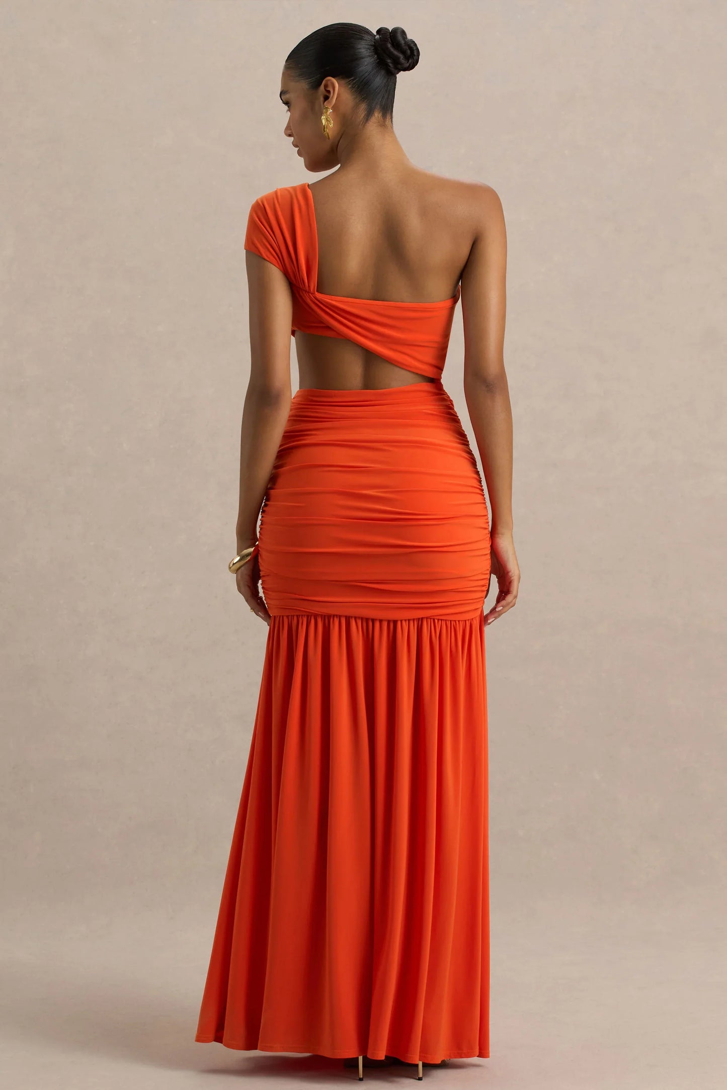 Cadiz Orange Asymmetric Maxi Dress With Cut Out Detail and Open Back