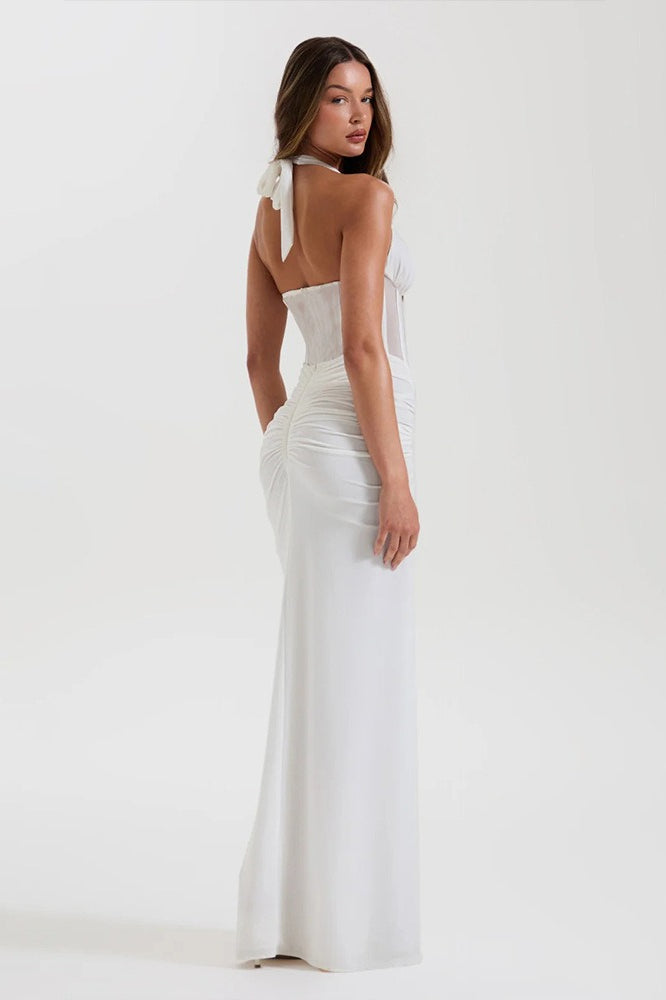 Halter Mesh Panel Maxi Dress