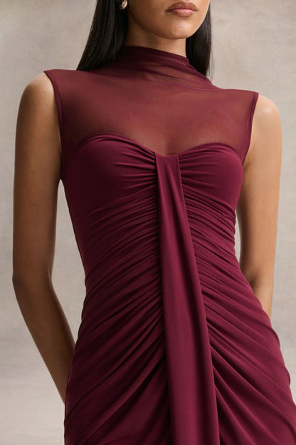 Brialle Burgundy High Neck Maxi Dress With Mesh And Gathered Detailing