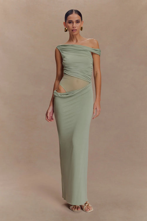Callen One Shoulder Slinky Maxi Dress Sage