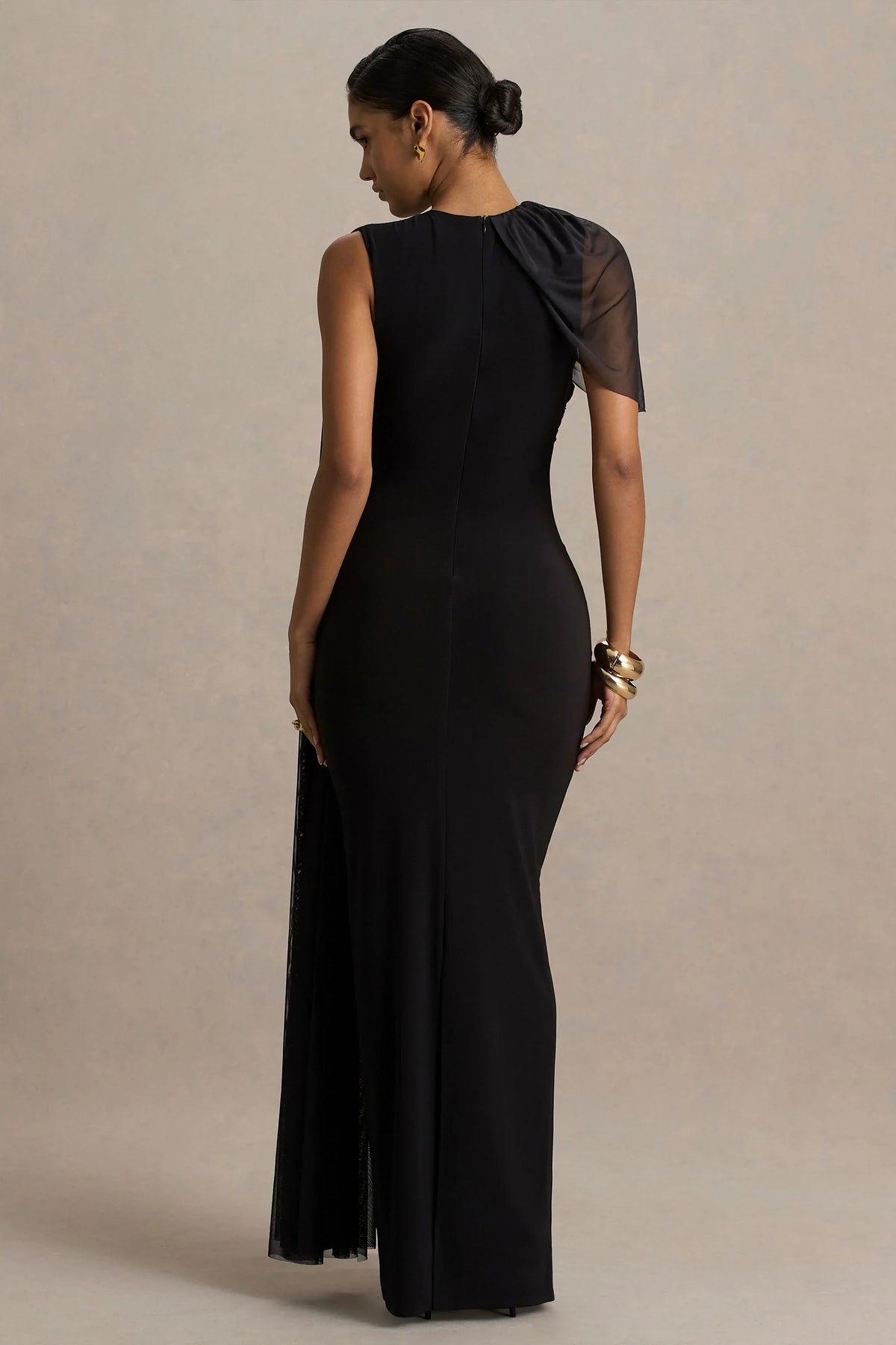 Brenda Black Crew Neck Maxi Dress With Mesh Cape And Sash