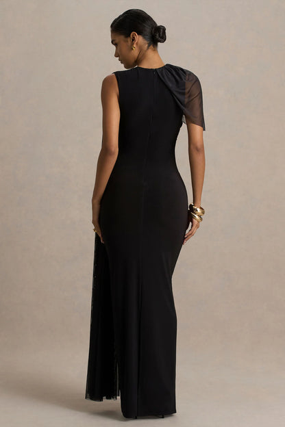 Brenda Black Crew Neck Maxi Dress With Mesh Cape And Sash