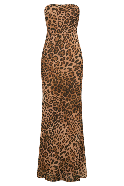 Breanna Strapless Chiffon Maxi Dress Leopard Print