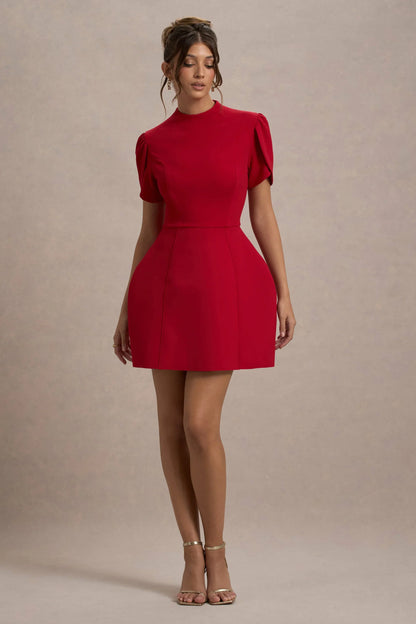 Carabella Red High Neck Short Sleeve Mini Dress