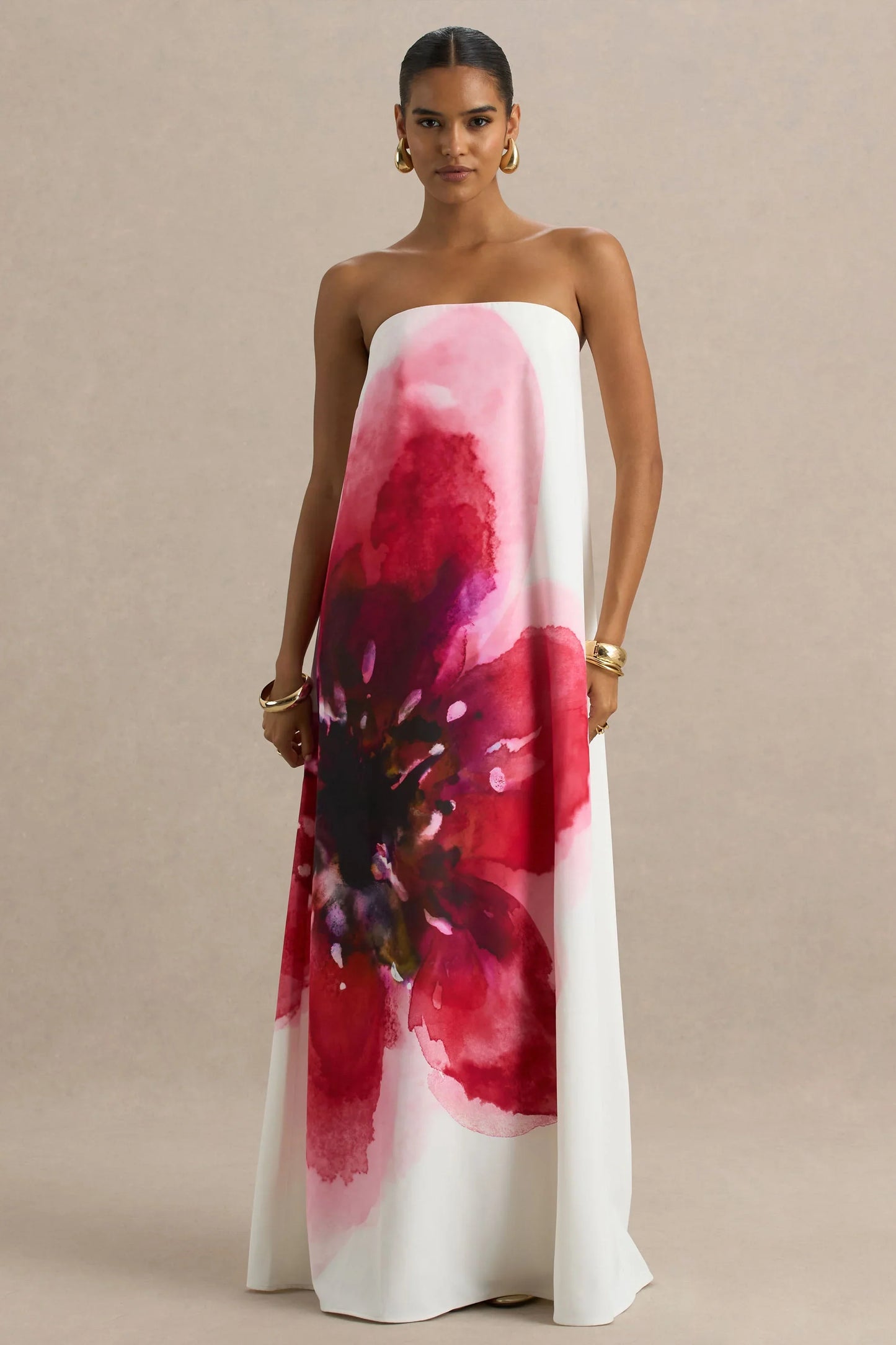 Breonna Bright Pink Floral Placement Print Bandeau Maxi Dress