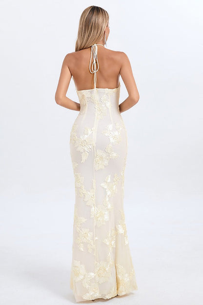 Halter Floral Foil Print Maxi Dress