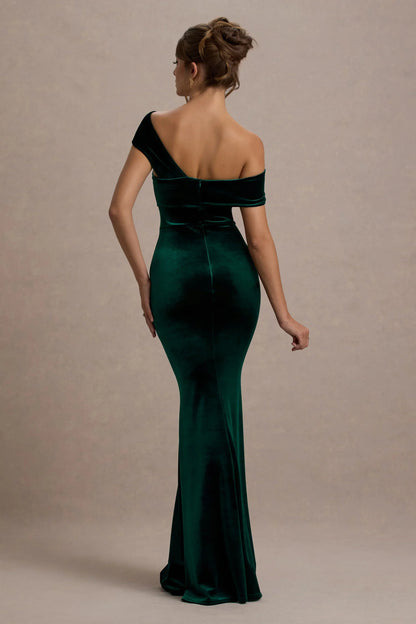 Candela Bottle Green Velvet Asymmetric Bardot Maxi Dress