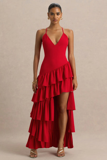 Bogota Red Plunge Neck Maxi Dress With Ruffling Details And Front High Split