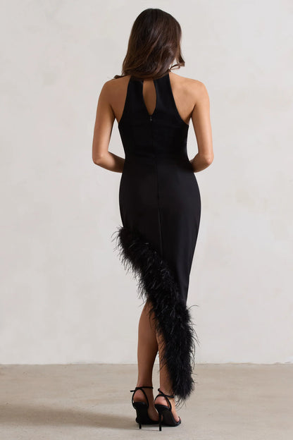 Brilliance Black Asymmetric Maxi Dress With Feather Trim