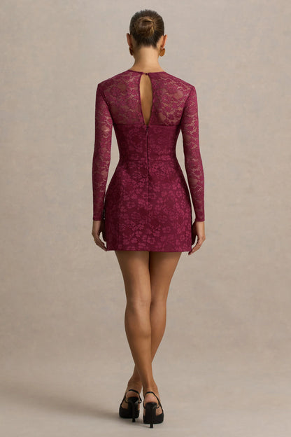 Bijou Burgundy Square Neck Lace Long Sleeve Mini Dress