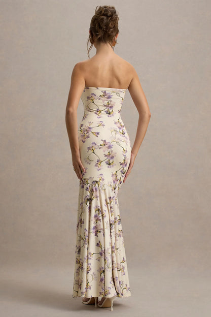 Callie Lemon Floral Print Bandeau Fishtail Maxi Dress
